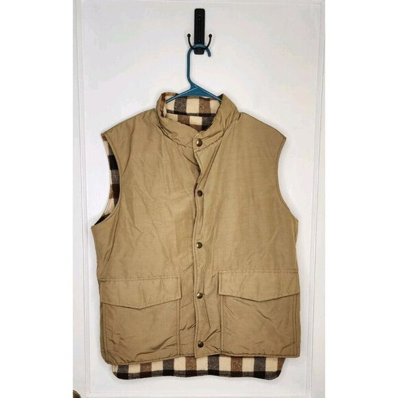 VTG 70s LL Bean Wool Brown Tan Plaid Reversible Vest Outdoors Made in USA Men M - Picture 1 of 6